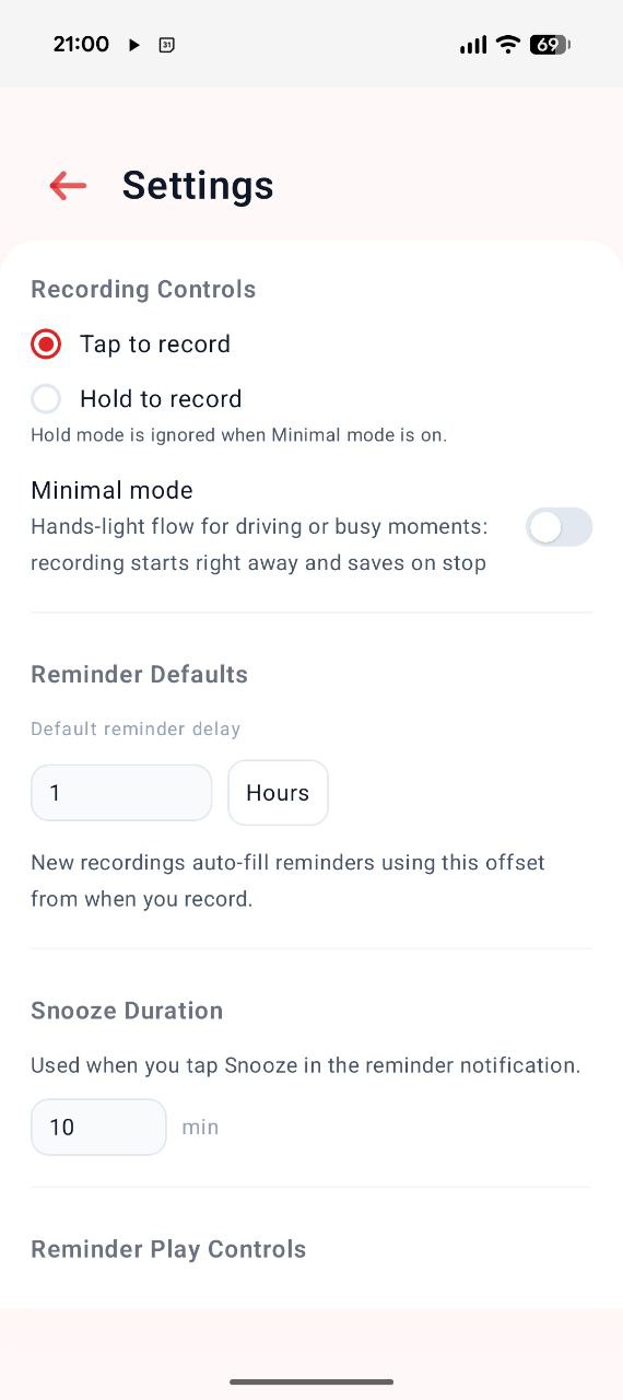 VoiSome settings showing recording controls and reminder defaults.